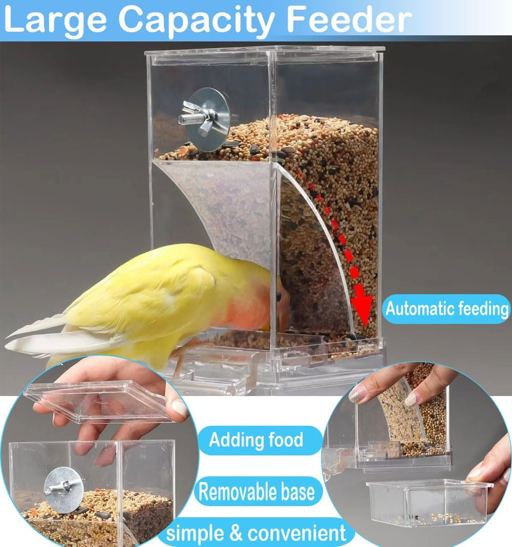 No Mess Bird Feeder / Water Dispenser - Automatic Parrot Cage Accessories, Clear Parakeet Seed Container Food Drinker for Cockatiel, Finch, Lovebirds, Budgies, Canary
