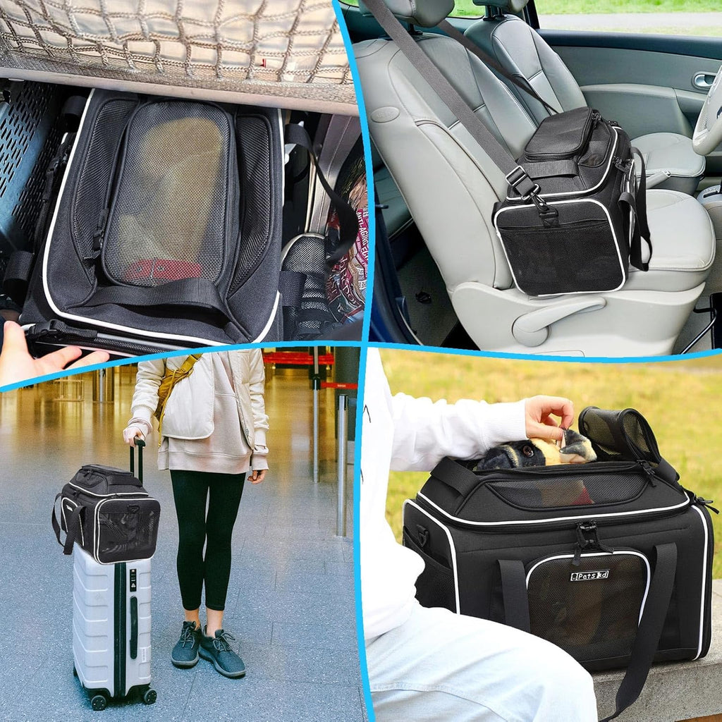 Top-Expandable Pet Carrier 18X11X11 Inches Delta American United Airline Approved, Soft-Sided Carrier for Small Cats and Dogs with Locking Safety Zippers and Anti-Scratch Mesh(Black)