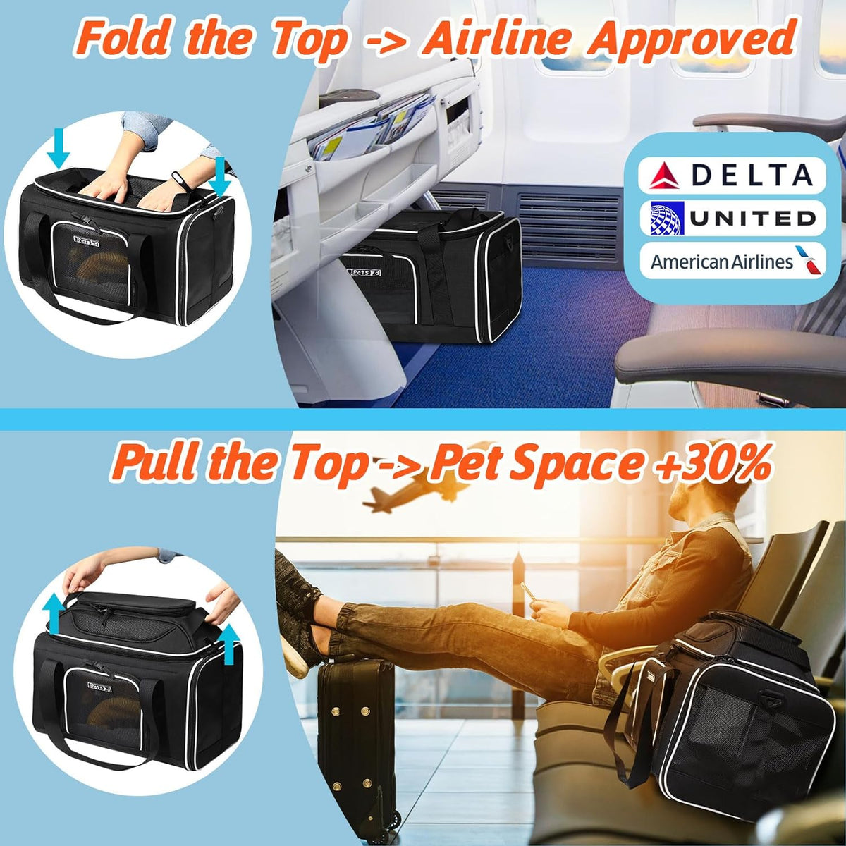 Top-Expandable Pet Carrier 18X11X11 Inches Delta American United Airline Approved, Soft-Sided Carrier for Small Cats and Dogs with Locking Safety Zippers and Anti-Scratch Mesh(Black)