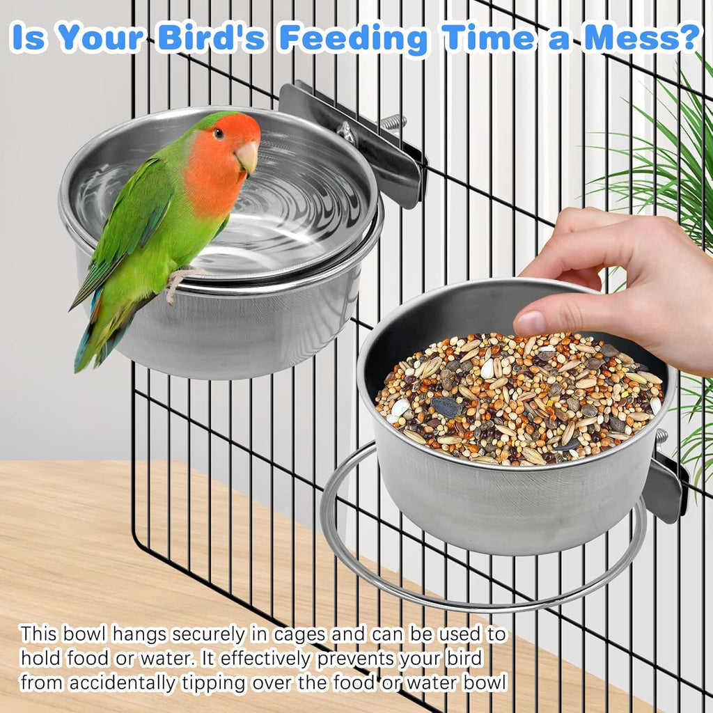 2-Piece Stainless Steel Bird Feeding Cups with Secure Clamp Holder