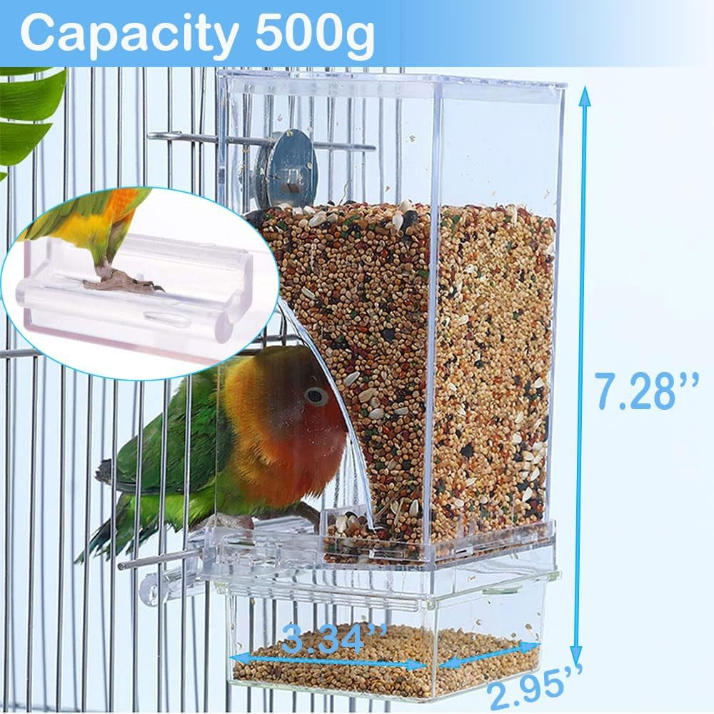 No Mess Bird Feeder / Water Dispenser - Automatic Parrot Cage Accessories, Clear Parakeet Seed Container Food Drinker for Cockatiel, Finch, Lovebirds, Budgies, Canary