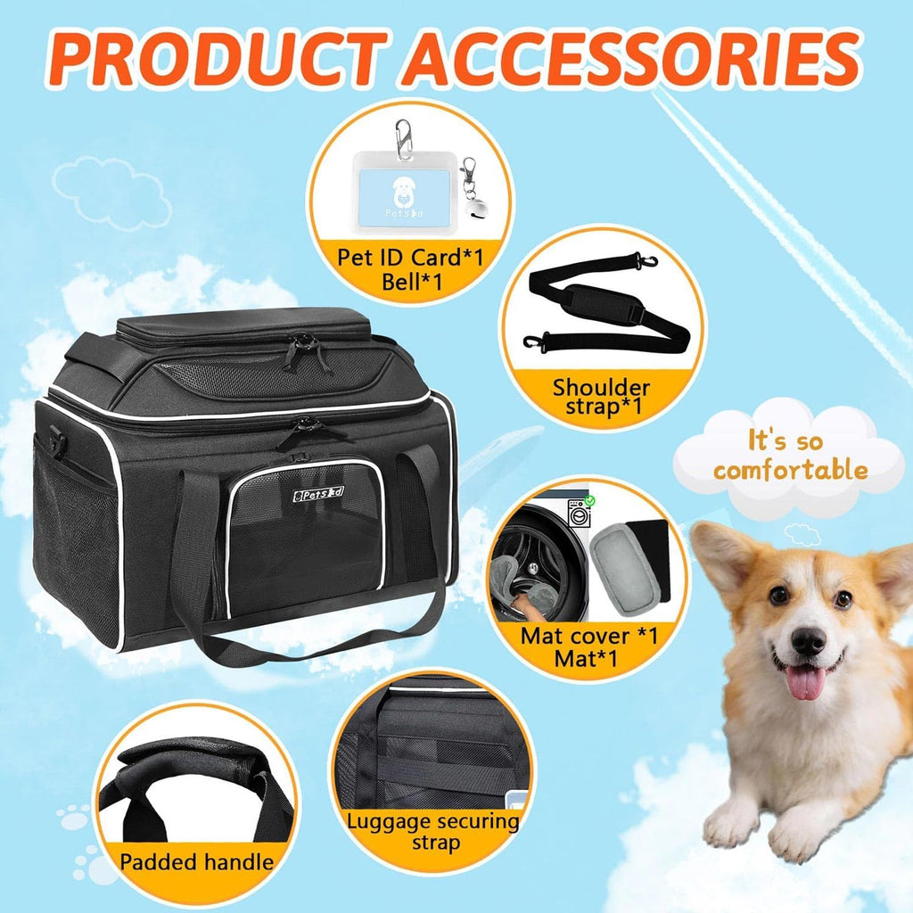 Top-Expandable Pet Carrier 18X11X11 Inches Delta American United Airline Approved, Soft-Sided Carrier for Small Cats and Dogs with Locking Safety Zippers and Anti-Scratch Mesh(Black)