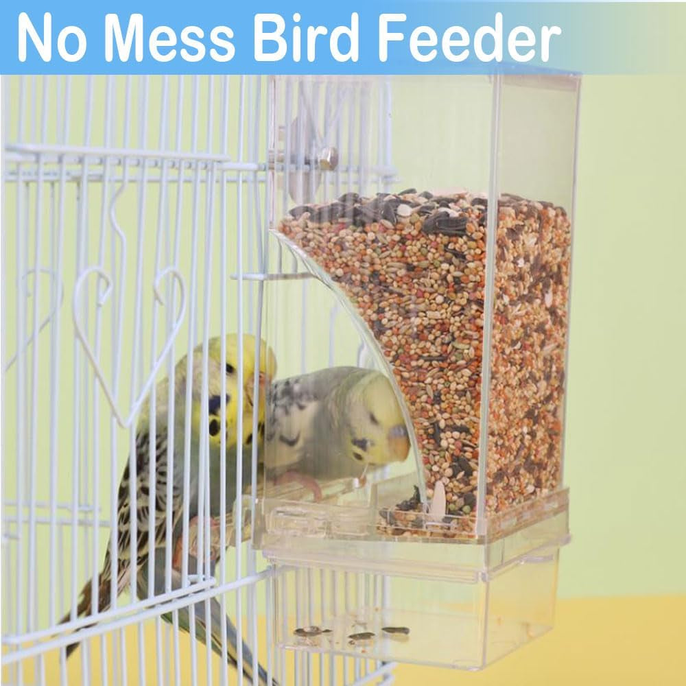 No Mess Bird Feeder / Water Dispenser - Automatic Parrot Cage Accessories, Clear Parakeet Seed Container Food Drinker for Cockatiel, Finch, Lovebirds, Budgies, Canary