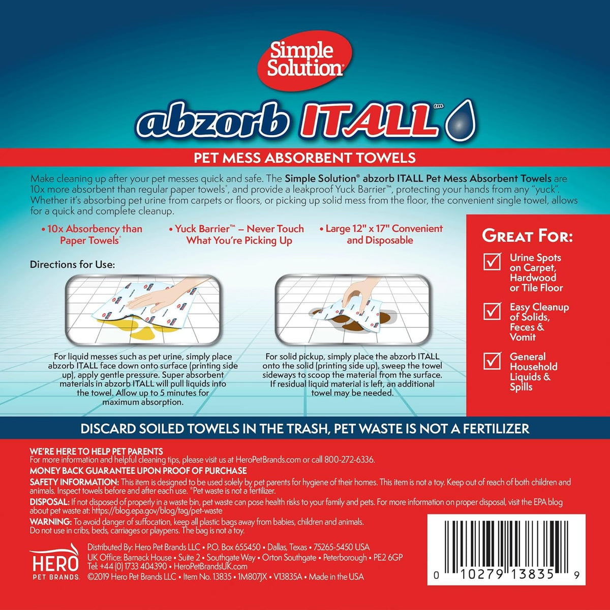 Abzorbitall Pet Mess Absorbent Towels - Multi-Surface Urine and Dog Poop Cleaning Sheets - 12 X 17 Inches - 30 Towels