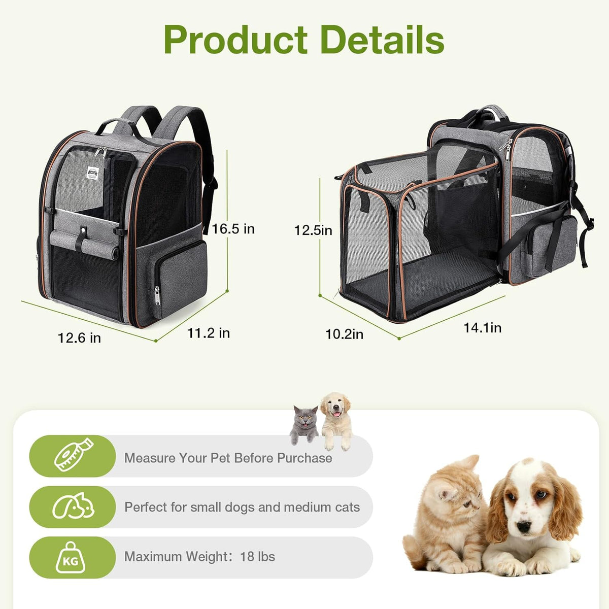 Cat Backpack Carrier Expandable Pet Carrier Backpack for Small Dogs Medium Cats Fit up to 18 Lbs, Dog Backpack Carrier, Foldable Puppy Backpack Carrier for Travel, Hiking, Outdoor Use