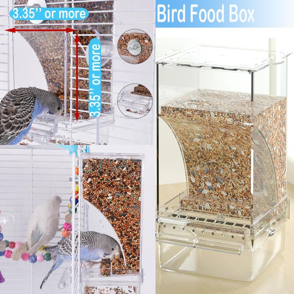 No Mess Bird Feeder / Water Dispenser - Automatic Parrot Cage Accessories, Clear Parakeet Seed Container Food Drinker for Cockatiel, Finch, Lovebirds, Budgies, Canary