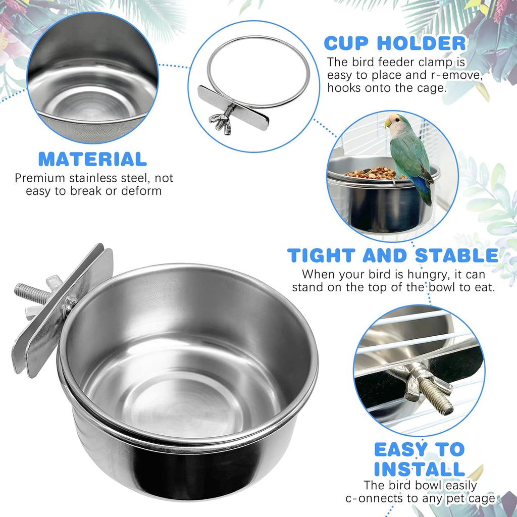 2-Piece Stainless Steel Bird Feeding Cups with Secure Clamp Holder