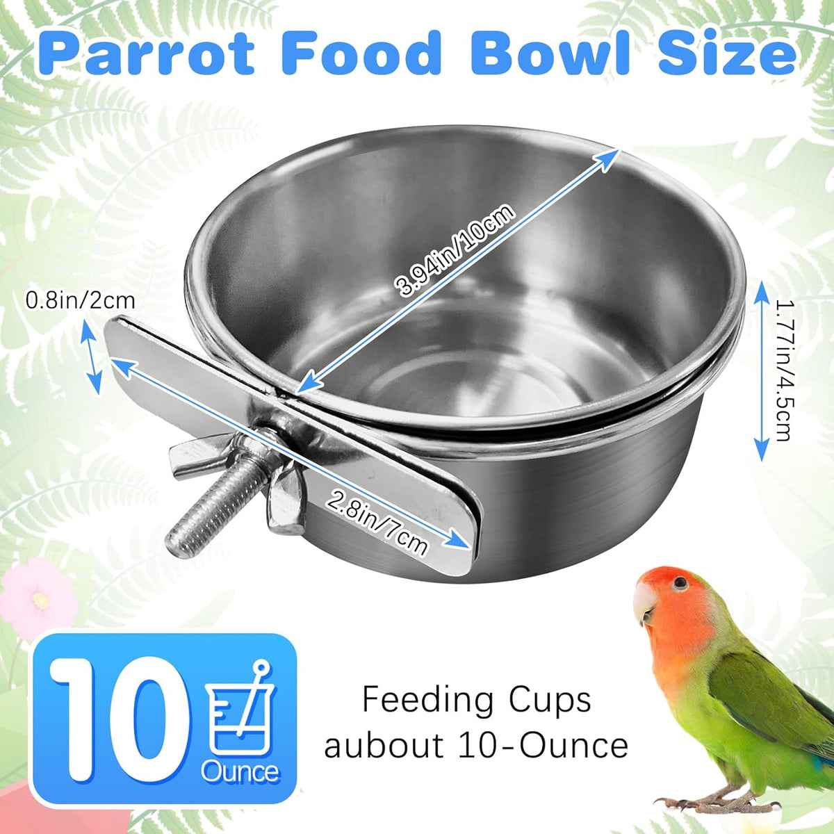 2-Piece Stainless Steel Bird Feeding Cups with Secure Clamp Holder