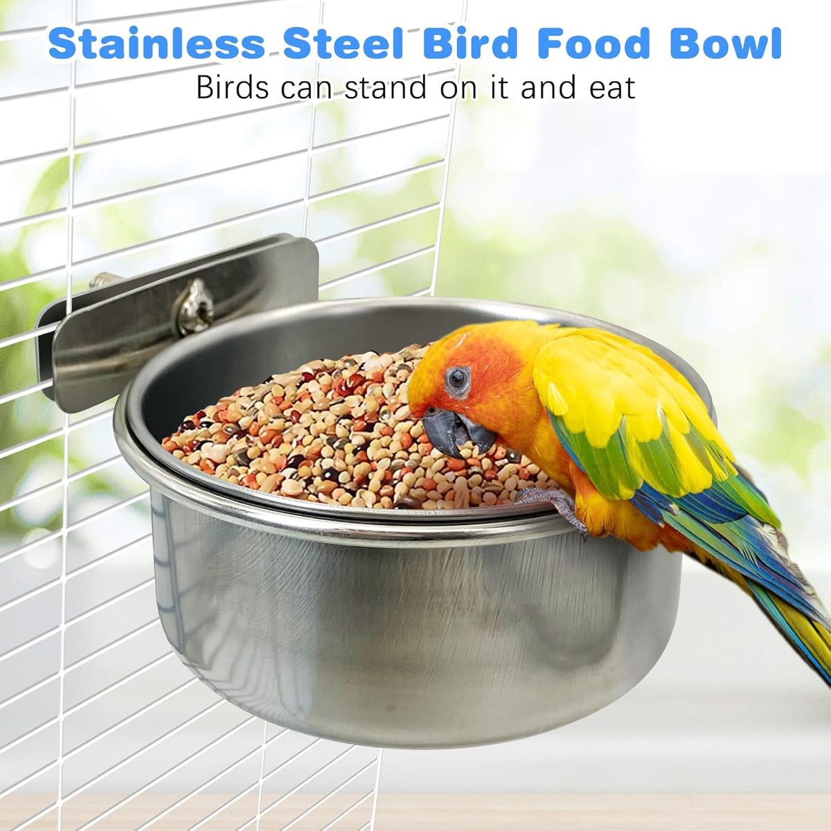 2-Piece Stainless Steel Bird Feeding Cups with Secure Clamp Holder