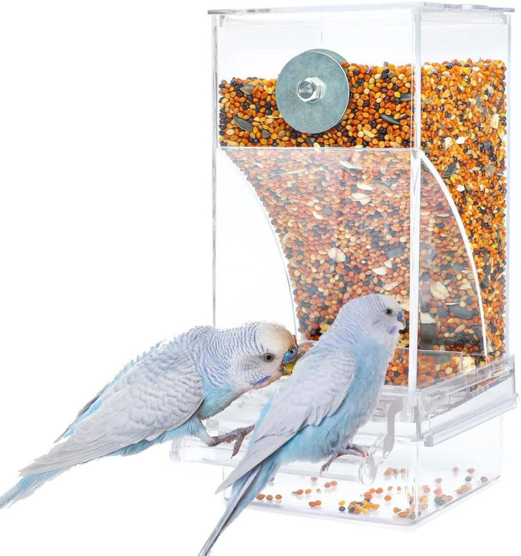 No Mess Bird Feeder / Water Dispenser - Automatic Parrot Cage Accessories, Clear Parakeet Seed Container Food Drinker for Cockatiel, Finch, Lovebirds, Budgies, Canary