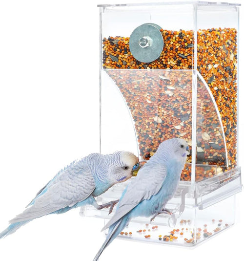 No Mess Bird Feeder / Water Dispenser - Automatic Parrot Cage Accessories, Clear Parakeet Seed Container Food Drinker for Cockatiel, Finch, Lovebirds, Budgies, Canary