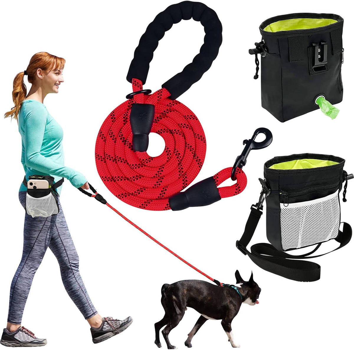 5/6 Ft Dog Leash with Highly Reflective Threads and Comfortable Padded Handle-Multifunction Dog Treat Pouch for Dog Walking-Dog Leashes for Large, Medium & Small Dogs(5Ft/Red)